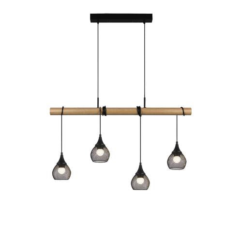 Lars 4lt Natural Oak Wooden Beam Bar Pendant Light with Black Mesh Shades
