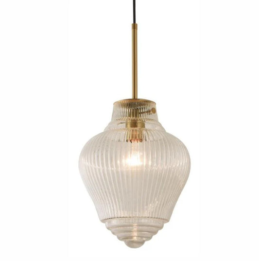 Ridge 1lt Pedant Light Satin Brass Clear Ribbed Glass
