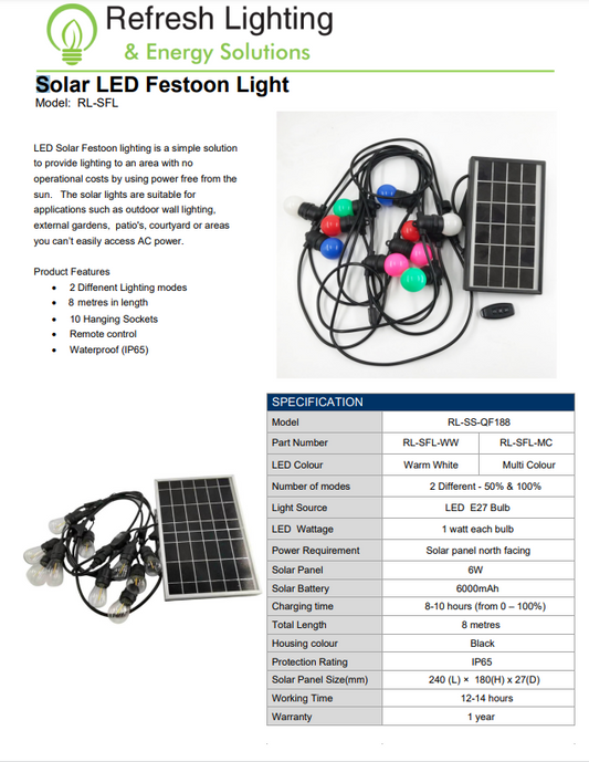 Solar Powered 8M RGB Dimmable LED Festoon Party Light Set with Remote Control