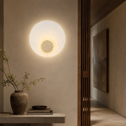 Fiora LED Wall Light Round Acrylic & Travertine Centre