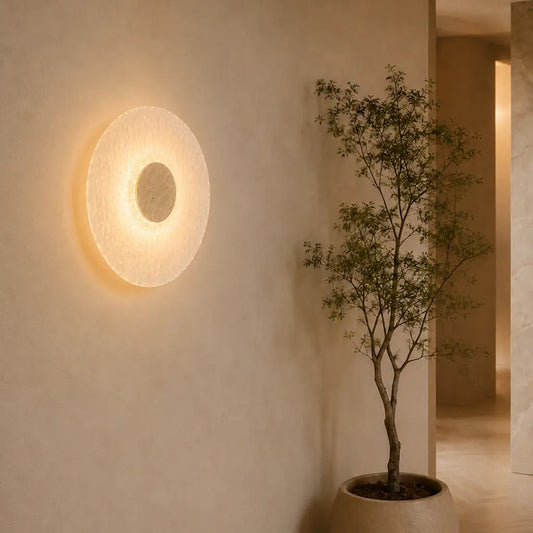 Tavia LED Wall Light Round Acrylic & Travertine Centre