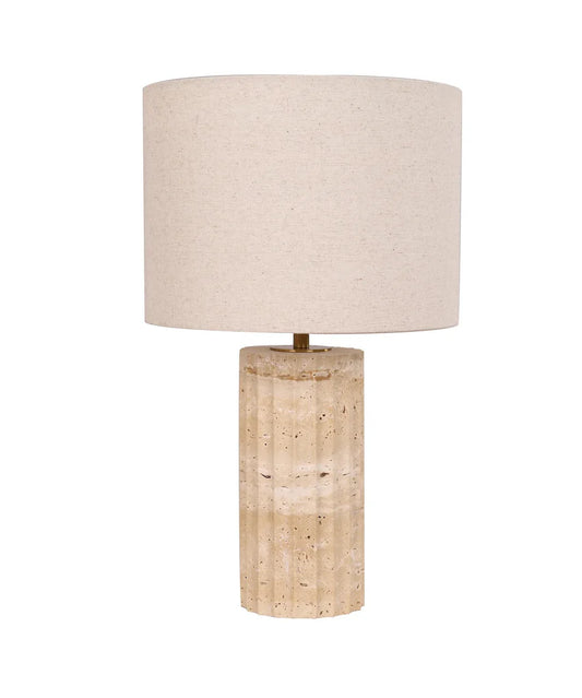 Sagitta Ribbed Travertine Lamp with Fabric Drum Shade