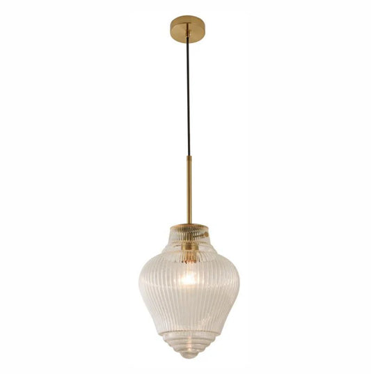 Ridge 1lt Pedant Light Satin Brass Clear Ribbed Glass